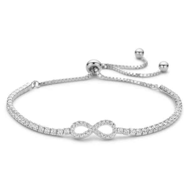 Bijora Armband Endless mit 71 Zirkonia aus 925 Sterling Silber, rhodiniert – elegantes Armband mit funkelndem Endless-Symbol und flexibler Kette, Gesamtansicht auf weißem Hintergrund.