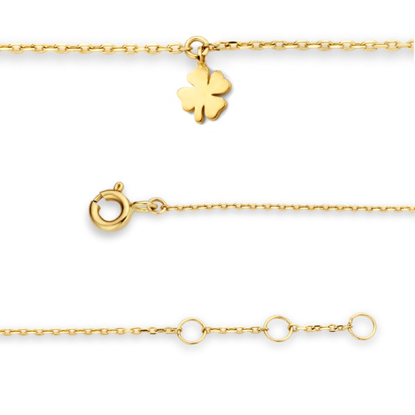 Bijora Armband Klee aus 585 Echtgold (14 Karat) – feines Armband mit goldfarbenem Kleemotiv, Ankerkette ca. 0,8 mm, 16 + 1 + 1 cm Länge, Gesamtansicht auf weißem Hintergrund.