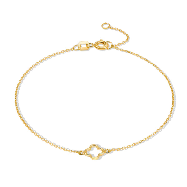 Bijora Armband mit Kleeblatt aus 333 Echtgold (8 Karat), hergestellt aus recyceltem Gold – zarte Ankerkette mit Glückssymbol, Gesamtansicht auf weißem Hintergrund.