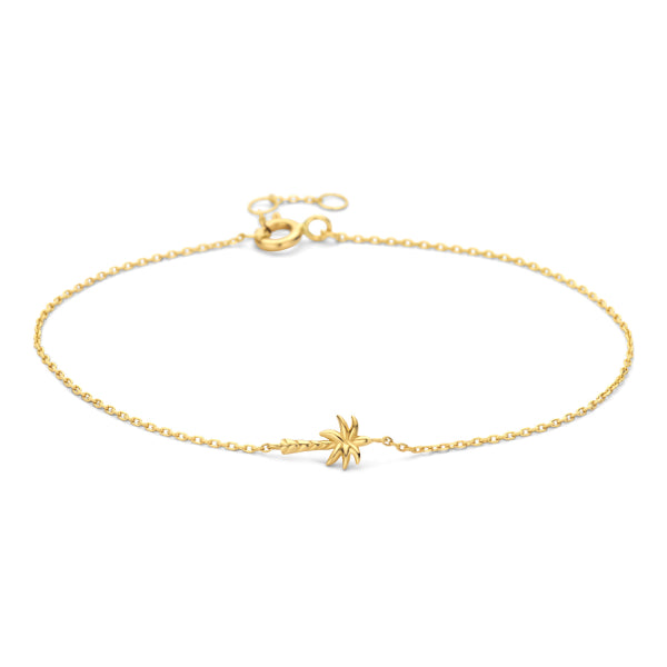 Bijora Armband mit Palmenanhänger aus 585 Echtgold (14 Karat) – zarte Ankerkette, 18 cm lang, verstellbar, filigraner Palmenanhänger, Gesamtansicht auf weißem Hintergrund.