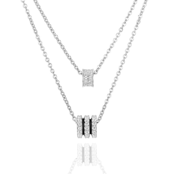 Bijora Collier 2-reihig mit 72 Zirkonia und edlem Glanz-Emaille aus 925 Sterling Silber, rhodiniert – luxuriöses Collier mit doppelter Ankerkette, Gesamtansicht auf weißem Hintergrund.