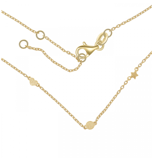 Bijora Collier Dot-Herz-Stern aus 925 Sterling Silber, 18k vergoldet – Detailansicht mit Herz-, Punkt- und Sternanhänger, mattierte Oberfläche, goldglänzend auf weißem Hintergrund.