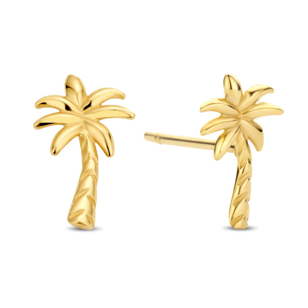 Bijora Ohrstecker Palme aus 585 Echtgold (14 Karat) – ca. 5 × 8 mm, fein gearbeitet, hochglanzpoliert, elegante Sommerohrringe auf weißem Hintergrund.