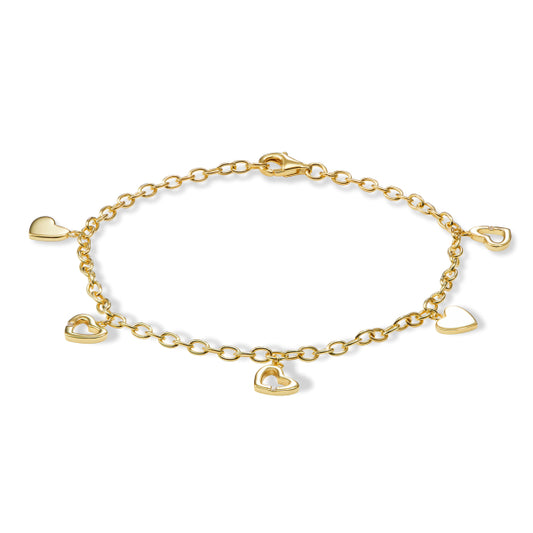 Bijora Armband mit 5 Herzen, davon 2 mit Zirkonia, aus recyceltem 925 Silber – vergoldet, ca. 19 cm lang, elegantes Design, Gesamtansicht auf weißem Hintergrund.