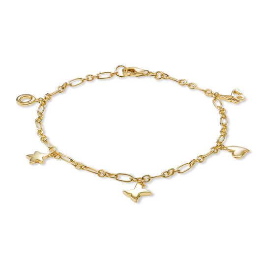 Bijora Armband mit 5 Motiven – Schmetterling, Herz, X, Stern & Kreis – aus recyceltem 925 Silber, vergoldet, ca. 19 cm lang, elegantes Design, Gesamtansicht auf weißem Hintergrund.