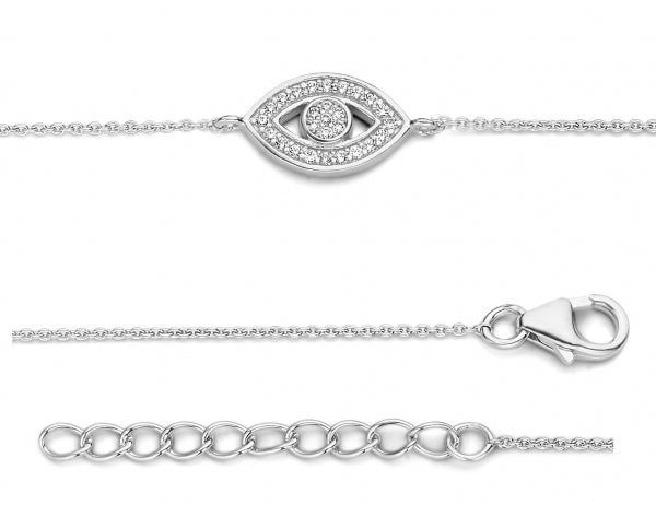 Bijora Armband mit Auge aus 925 Sterling Silber, rhodiniert – besetzt mit 27 funkelnden Zirkonia-Steinen, elegantes Schutzsymbol, Gesamtansicht auf weißem Hintergrund.