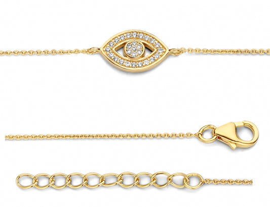 Bijora Armband mit Auge & 27 Zirkonia aus recyceltem 925 Silber – vergoldet, ca. 17 + 3 cm, Schutzsymbol, elegantes Design, Gesamtansicht auf weißem Hintergrund.