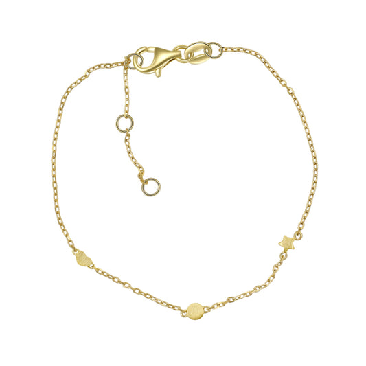 Bijora Armband mit Dot-, Herz- und Sternanhängern aus 925 Sterling Silber, 18k vergoldet – zarte Ankerkette mit drei Symbolen, mattiert, Gesamtansicht auf weißem Hintergrund.
