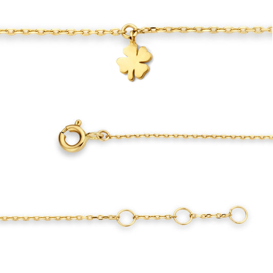 Bijora Armband Klee aus 585 Echtgold (14 Karat) – feines Armband mit goldfarbenem Kleemotiv, Ankerkette ca. 0,8 mm, 16 + 1 + 1 cm Länge, Gesamtansicht auf weißem Hintergrund.