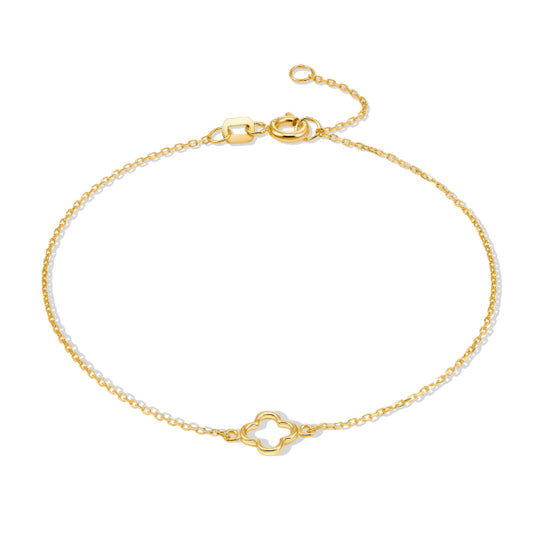 Bijora Armband mit Kleeblatt aus 333 Echtgold (8 Karat), hergestellt aus recyceltem Gold – zarte Ankerkette mit Glückssymbol, Gesamtansicht auf weißem Hintergrund.