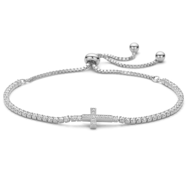Bijora Armband Kreuz mit 63 Zirkonia aus 925 Sterling Silber, rhodiniert – elegantes Armband mit funkelndem Kreuzanhänger und flexibler Kette, Gesamtansicht auf weißem Hintergrund.
