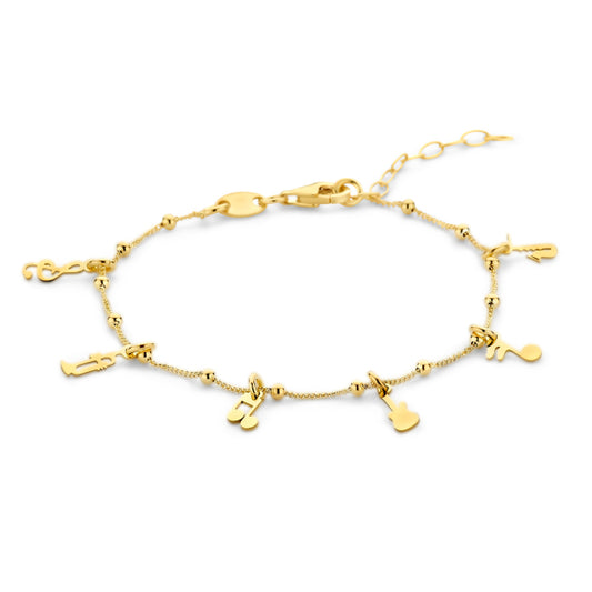 Bijora Armband mit Musiknoten & Instrumenten aus recyceltem 925 Silber – vergoldet, 6 Anhänger, feine Ankerkette ca. 0,8 mm, Gesamtansicht auf weißem Hintergrund.