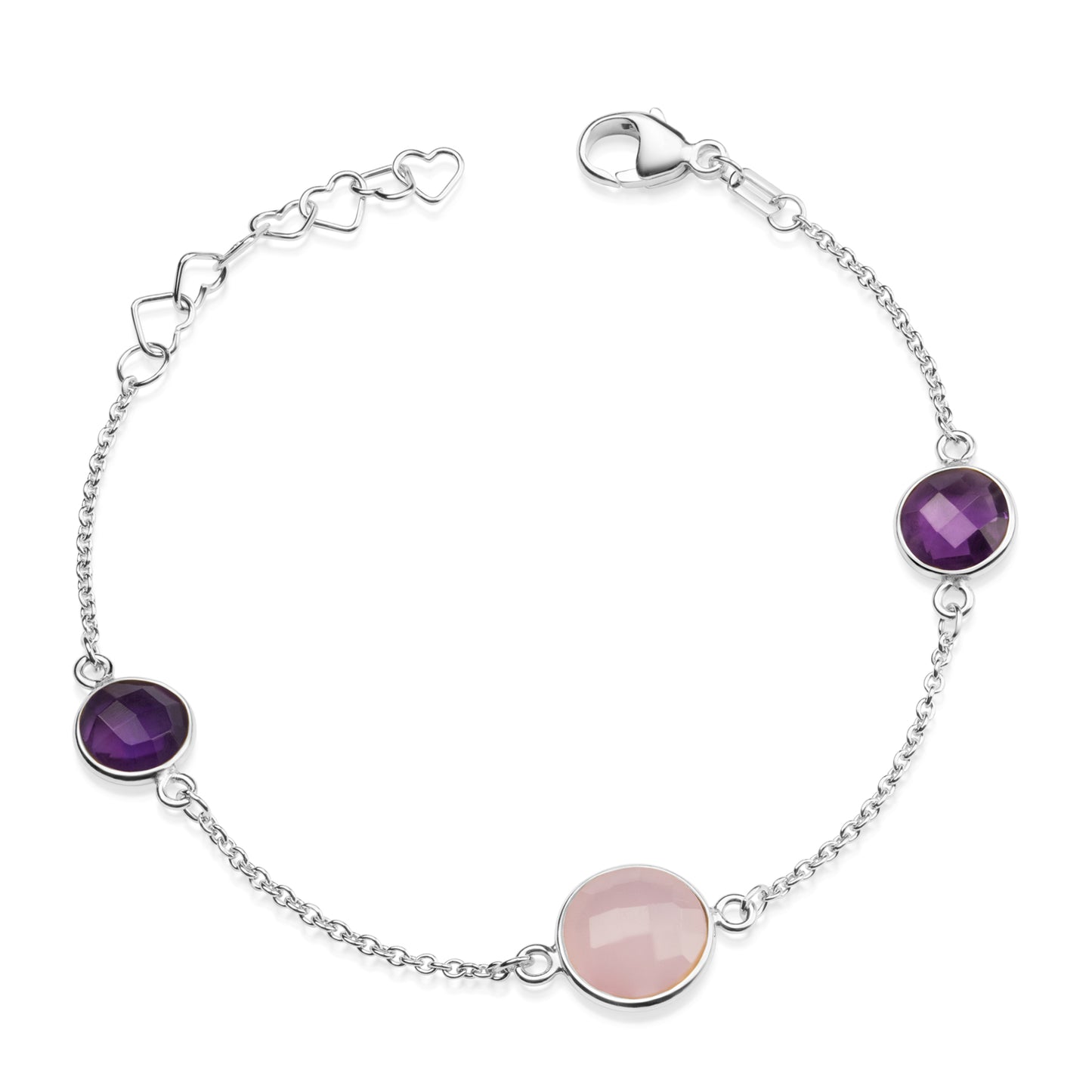 Bijora Armband mit einem Rosenquarz und zwei lila Quarzen aus 925 Sterling Silber – handgefertigt in Deutschland, nachhaltige Juwelier-Qualität, Gesamtansicht auf weißem Hintergrund.