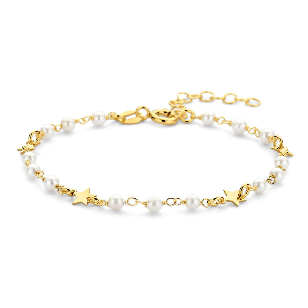 Bijora Armband mit 15 Süßwasser-Zuchtperlen & 4 Sternen aus recyceltem 925 Silber – vergoldet, ca. 18 + 3 cm, edles Design, Gesamtansicht auf weißem Hintergrund.