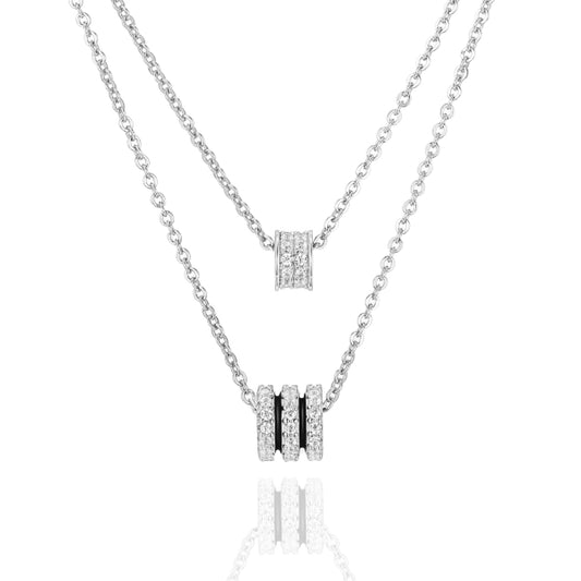Bijora Collier 2-reihig mit 72 Zirkonia und edlem Glanz-Emaille aus 925 Sterling Silber, rhodiniert – luxuriöses Collier mit doppelter Ankerkette, Gesamtansicht auf weißem Hintergrund.