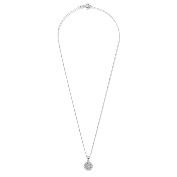 Detailansicht des Bijora Colliers mit Anhänger – 925 Silber, rhodiniert, großer zentraler Zirkonia umrahmt von 11 funkelnden Steinen, fein gefasst und edel verarbeitet.