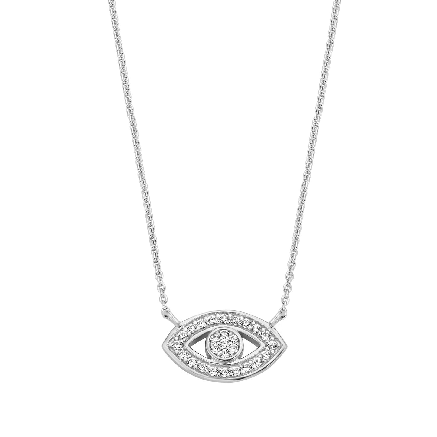 Bijora Collier mit Auge aus 925 Sterling Silber, rhodiniert – besetzt mit 27 funkelnden Zirkonia-Steinen, elegantes Schutzsymbol, Gesamtansicht auf weißem Hintergrund.