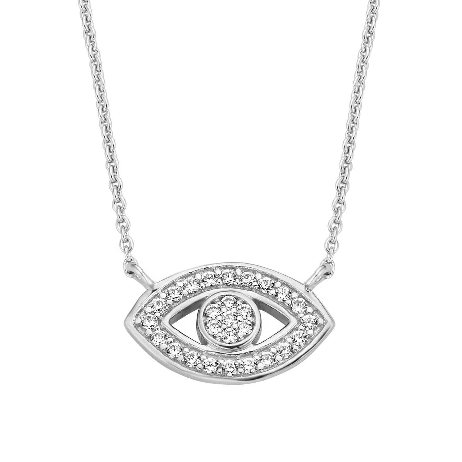 Detailansicht des Bijora Colliers mit Auge – rhodiniertes 925 Silber, 27 brillant geschliffene Zirkonia, fein gefasst und hochwertig verarbeitet, Symbol für Schutz & Eleganz.