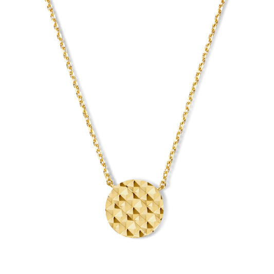 Bijora Collier mit Dot-Anhänger aus 585 Echtgold (14 Karat) – Ø 8 mm Diamond Cut, feine Ankerkette, 38 + 5 cm verstellbar, Gesamtansicht auf weißem Hintergrund.