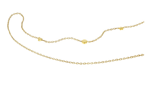 Zartes Bijora Collier aus 925 Silber, 18k vergoldet – feine Ankerkette mit drei mattierten Anhängern in Herz-, Punkt- und Sternform, Gesamtansicht auf weißem Hintergrund.