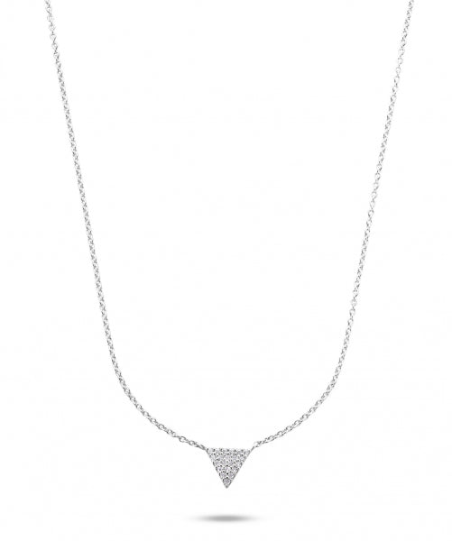 Bijora Collier mit Dreieck-Anhänger aus 925 Sterling Silber, rhodiniert – besetzt mit 21 funkelnden Zirkonia-Steinen, modernes geometrisches Design, Gesamtansicht auf weißem Hintergrund.