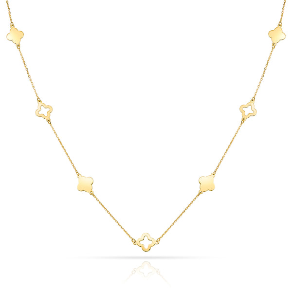 Bijora Collier mit Kleeblättern aus 333 Echtgold (8 Karat) – feine Ankerkette mit polierten Kleeblatt-Motiven, 42 + 3 cm, elegantes Glücks-Collier, Gesamtansicht auf weißem Hintergrund.
