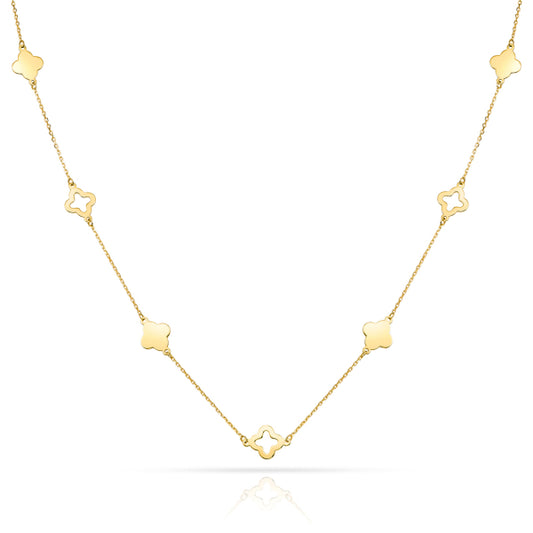 Bijora Collier mit Kleeblättern aus 333 Echtgold (8 Karat) – feine Ankerkette mit polierten Kleeblatt-Motiven, 42 + 3 cm, elegantes Glücks-Collier, Gesamtansicht auf weißem Hintergrund.