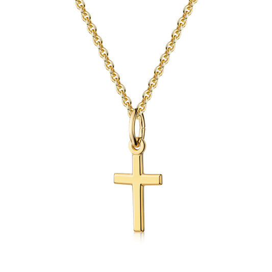 Bijora Collier mit Kreuzanhänger aus recyceltem 925 Silber – 18k vergoldet, diamantierte Ankerkette, 45 cm Länge, Gesamtansicht auf weißem Hintergrund.