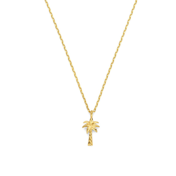Bijora Collier mit Palmenanhänger aus 585 Echtgold (14 Karat) – zarte Ankerkette, 43 cm lang, verstellbar, elegantes Sommercollier, Gesamtansicht auf weißem Hintergrund.