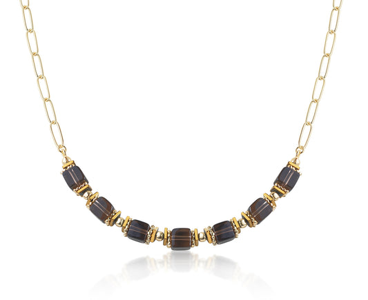 Bijora Collier mit Rauchquarz aus 925 Sterling Silber, vergoldet – edles Damen-Collier mit facettiertem Rauchquarz und vergoldeten Kugeln, Gesamtansicht auf weißem Hintergrund.