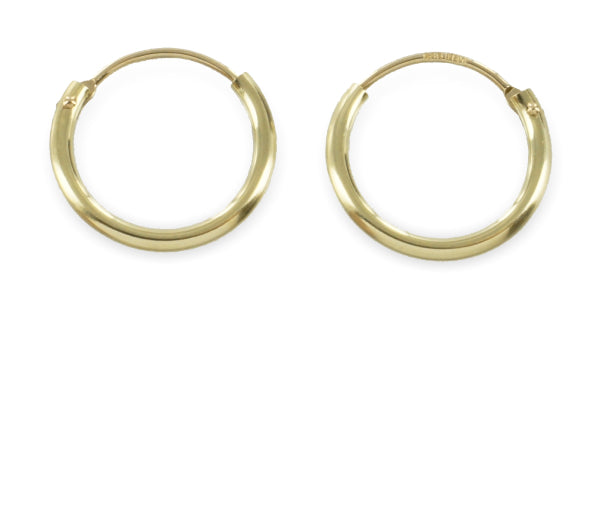 Bijora Creolen mit Scharnier aus 585 Echtgold (14 Karat) – Ø 13 mm, Stärke 1,2 mm, gefertigt in Deutschland aus recyceltem Gold, Gesamtansicht auf weißem Hintergrund.