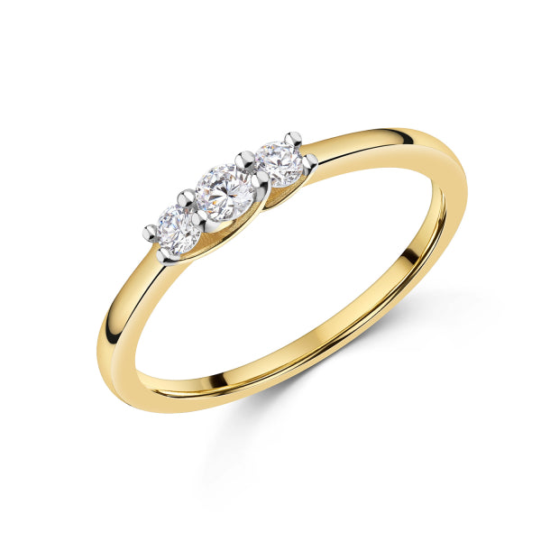 Bijora Damenring mit 3 Zirkonia aus recyceltem 925 Silber – 1µ vergoldet & teilrhodiniert, ca. 1,3 mm breit, eleganter Bicolor-Ring, Gesamtansicht auf weißem Hintergrund.