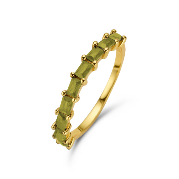 Bijora Damenring mit 9 olivgrünen Zirkonia aus recyceltem 925 Silber – vergoldet, ca. 3 × 2 mm Baguetteschliff, warmer Grünton mit edlem Glanz.
Bildbeschreibung: