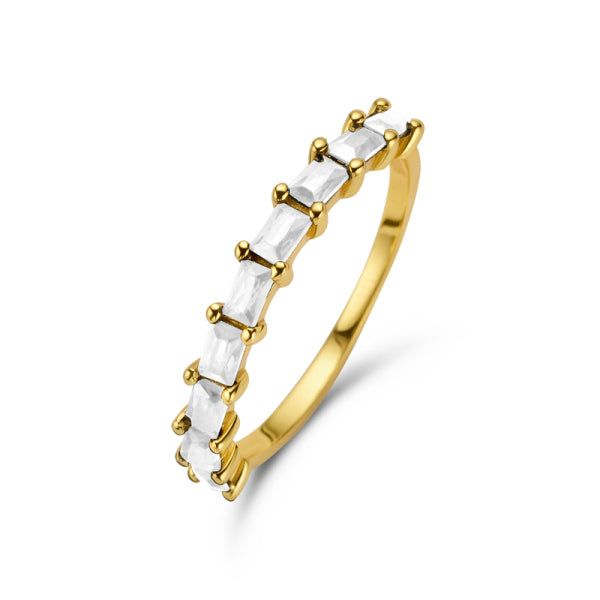 Bijora Damenring mit 9 klaren Zirkonia im Baguetteschliff – Silber 925 vergoldet, recycelt, ca. 3 × 2 mm Steine, klassisches Funkeln mit edlem Glanz.