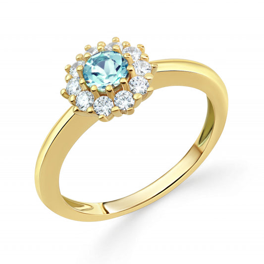 Bijora Damenring mit echtem Blautopas & 10 Zirkonia aus recyceltem 925 Silber – 1µ vergoldet, ca. 2 mm Ringschiene, elegantes Design, Gesamtansicht auf weißem Hintergrund.