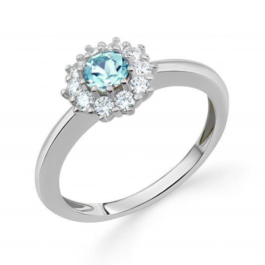 Bijora Damenring mit Blautopas und 10 Zirkonia aus 925 Sterling Silber, rhodiniert – handgefertigt aus recyceltem Silber, elegantes Design, Gesamtansicht auf weißem Hintergrund.