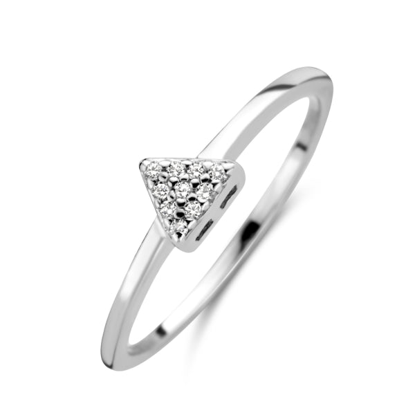 Bijora Damenring mit Dreieck-Motiv aus 925 Sterling Silber, rhodiniert – besetzt mit 10 funkelnden Zirkonia, elegantes geometrisches Design, Gesamtansicht auf weißem Hintergrund.