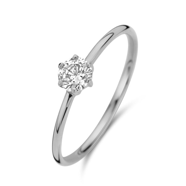 Bijora Damenring mit Zirkonia aus 585 Weißgold (14 Karat) – Ø Zirkonia ca. 4,0 mm, 4-Stotzen-Fassung, klassisches Design, Gesamtansicht auf weißem Hintergrund.