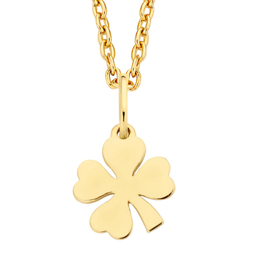 Bijora Glückscollier mit Kleeblatt aus 585 Echtgold (14 Karat) – diamantierte Ankerkette, 43 cm lang, verstellbar, zarter Glücksanhänger, Gesamtansicht auf weißem Hintergrund.