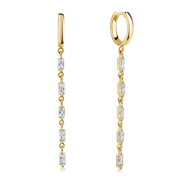 Bijora Klappcreolen mit 10 Zirkonia im Baguette-Schliff aus recyceltem 925 Silber – vergoldet, ca. 13 × 2,1 mm, elegante Ohrhänger, Gesamtansicht auf weißem Hintergrund.