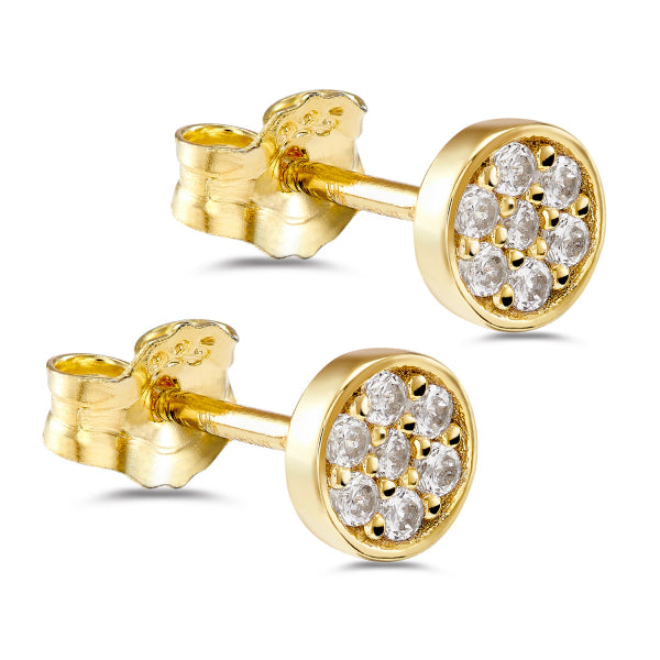 Bijora Lovebird Ohrstecker mit 14 Zirkonia aus recyceltem 925 Silber – 18 Karat vergoldet, Ø ca. 5,5 mm, edler Ohrschmuck, Gesamtansicht auf weißem Hintergrund.