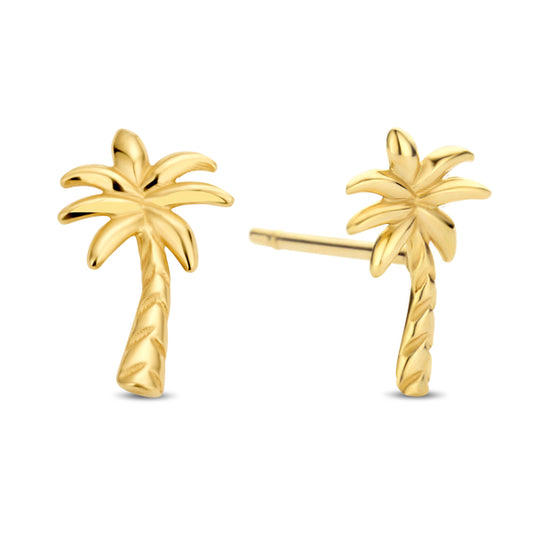 Bijora Ohrstecker Palme aus 585 Echtgold (14 Karat) – ca. 5 × 8 mm, fein gearbeitet, hochglanzpoliert, elegante Sommerohrringe auf weißem Hintergrund.