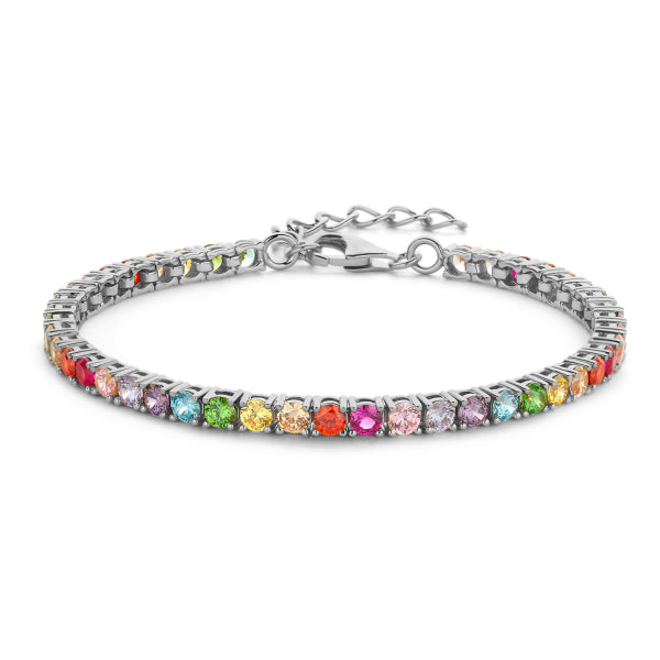 Bijora Tennisarmband aus 925 Sterling Silber, rhodiniert – mehrfarbige Zirkonia-Steine in Regenbogenoptik, farbenfrohes & stilvolles Design mit Herzanhänger.