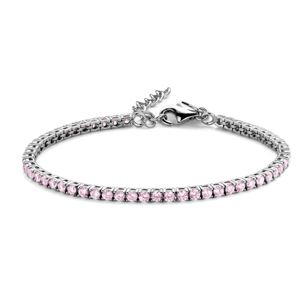 Bijora Tennisarmband aus 925 Sterling Silber, rhodiniert – leuchtende pinkfarbene Zirkonia-Steine, stilvoll & feminin, mit Herz-Tag am Verschluss.