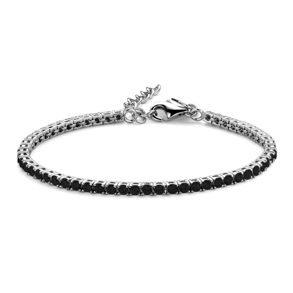 Bijora Tennisarmband aus 925 Sterling Silber, rhodiniert – funkelnde schwarze Zirkonia-Steine, elegantes Design mit Herz-Tag am Verschluss, edel & modern.